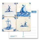 Postcard, Delft Blue Tiles Tableau:  Windmills, Ships