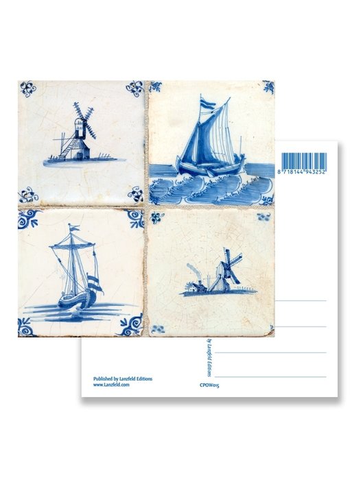 Postcard, Delft Blue Tiles Tableau:  Windmills, Ships