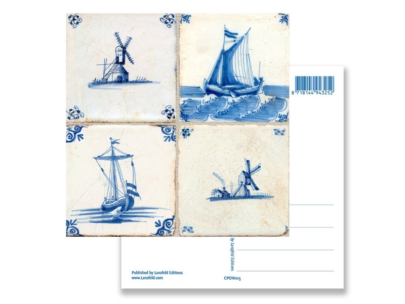 Postcard, Delft Blue Tiles Tableau:  Windmills, Ships