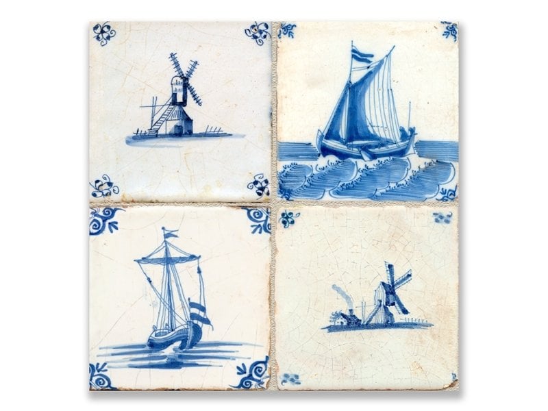 Carte postale, carreaux bleus de Delft Tableau: moulins et navires