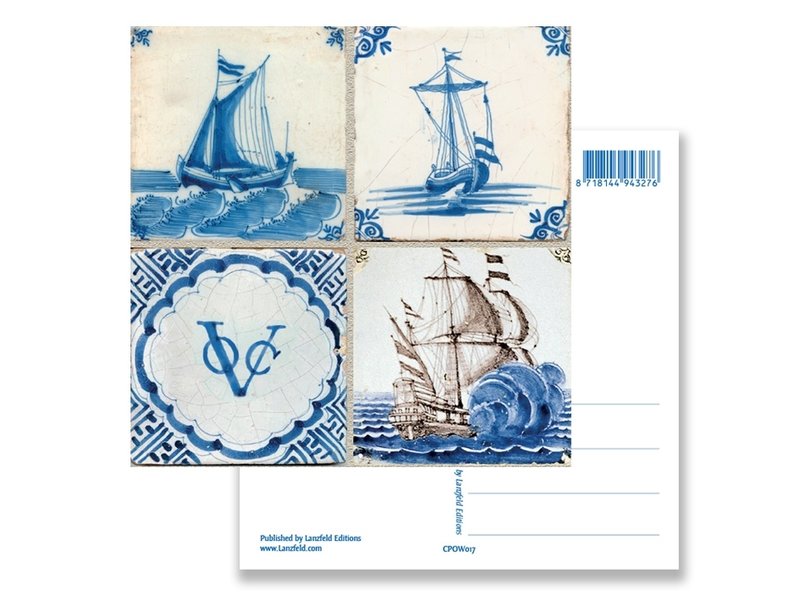 Carte postale, tableau de tuiles bleues de Delft, navires