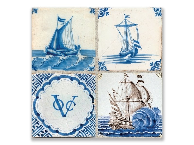 Carte postale, tableau de tuiles bleues de Delft, navires