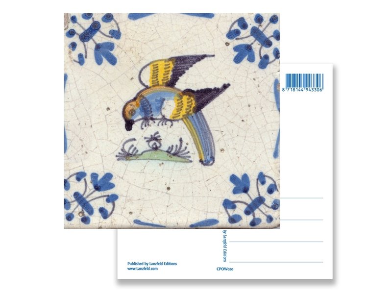 Postcard, Delft Blue Tile with Parrot