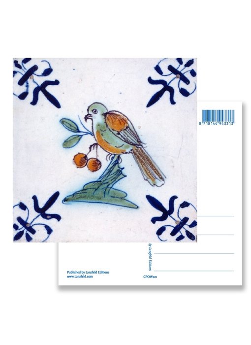 Postcard, Delft Blue Tile Bird eating berries