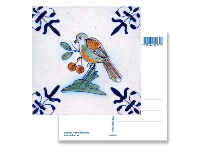 Postcard, Delft Blue Tile Bird eating berries