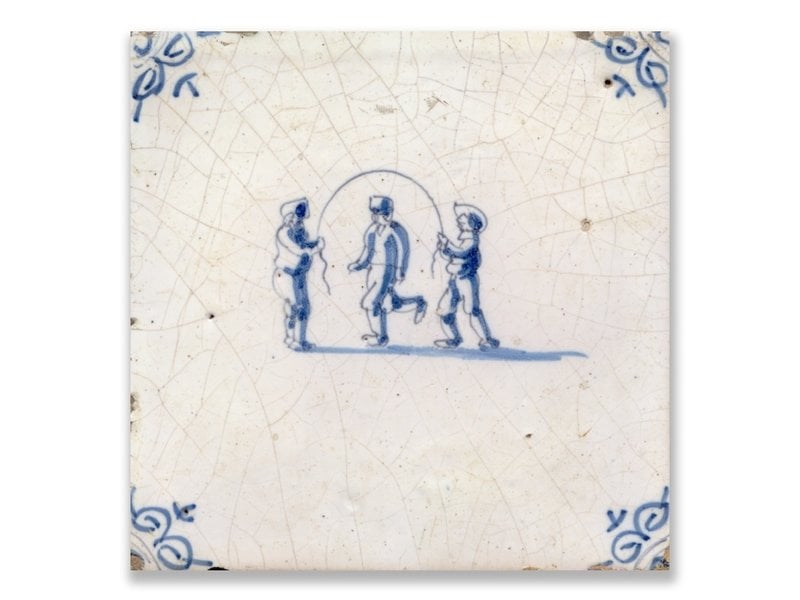 Postcard, Delft Blue Tile with Kids skipping rope