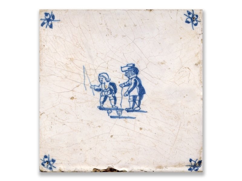 Postcard, Delft Blue Tile with Kids spinning Top