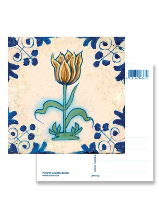 Ansichtkaart, Delfts blauwe tegel Geel,bruine tulp