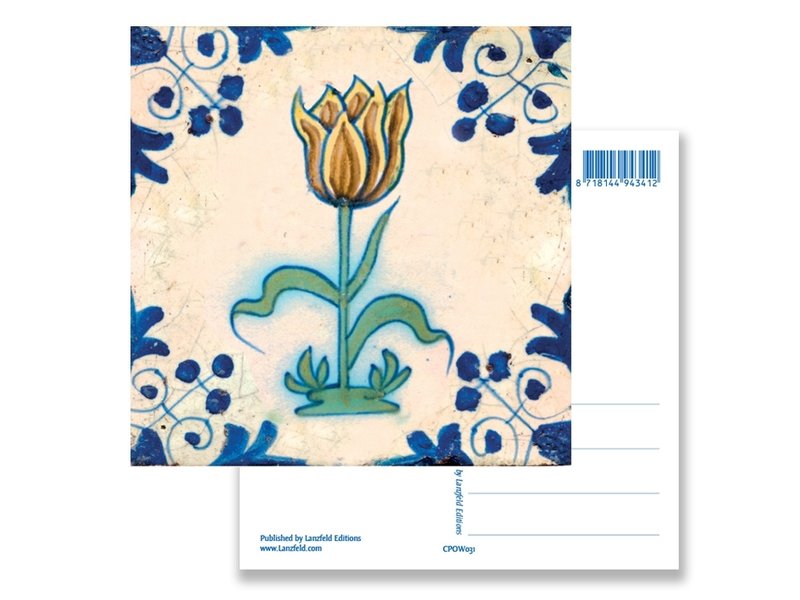 Postcard, Delft Blue Tile with Yellow/brown Tulip