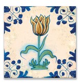 Postcard, Delft Blue Tile with Yellow/brown Tulip