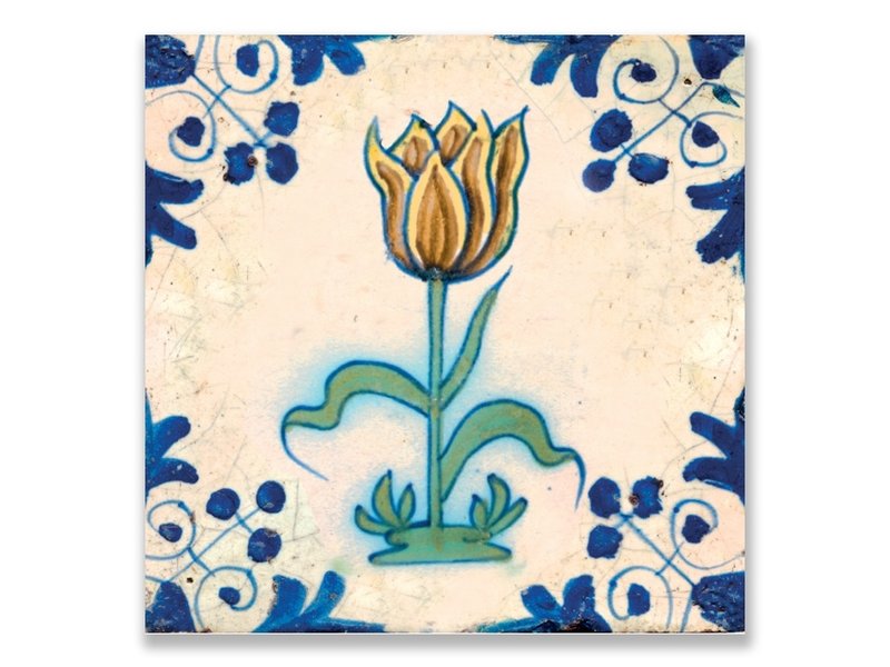 Carte postale, tuile bleue de Delft Jaune, tulipe brune