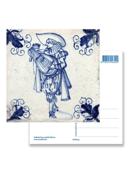 Postal, jugador de laúd de azulejos azules de Delft