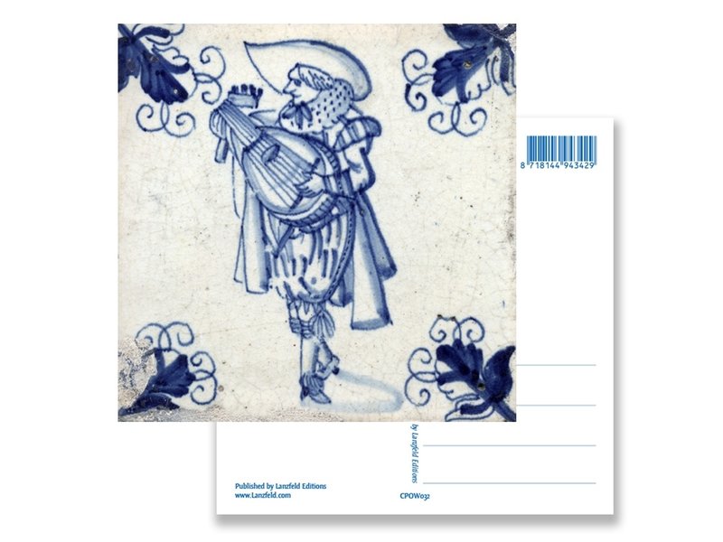 Postal, jugador de laúd de azulejos azules de Delft