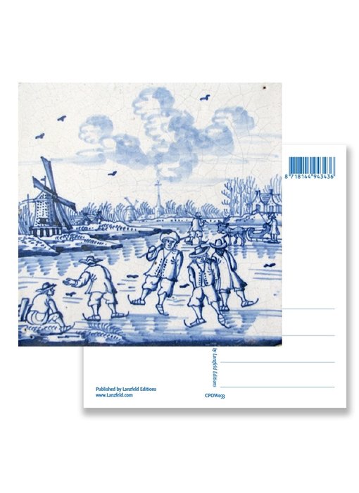 Postcard, Delft Blue Tile with Windmill and Ice Skaters