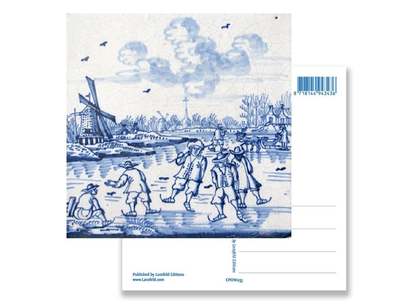 Postal, azulejo azul de Delft Molino de viento y patinadores