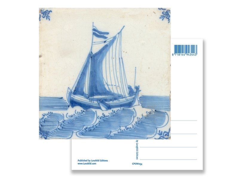 Postcard, Delft Blue Tile with Ship at Sea