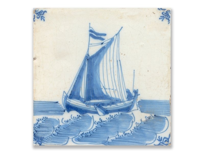 Postcard, Delft Blue Tile with Ship at Sea