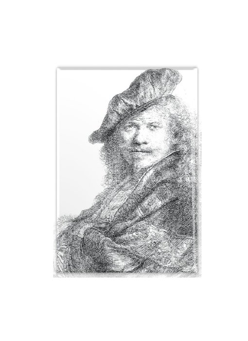 Imán de nevera, autorretrato apoyado en un alféizar de piedra, Rembrandt