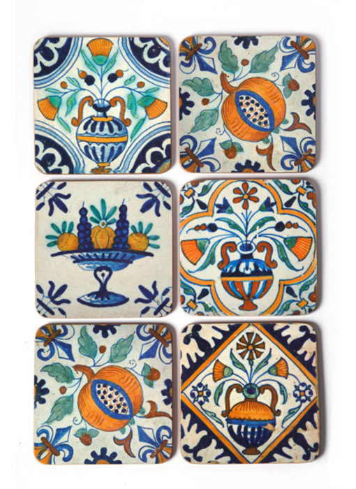 Coasters, Delft Polychrome tiles Flowers, Fruit