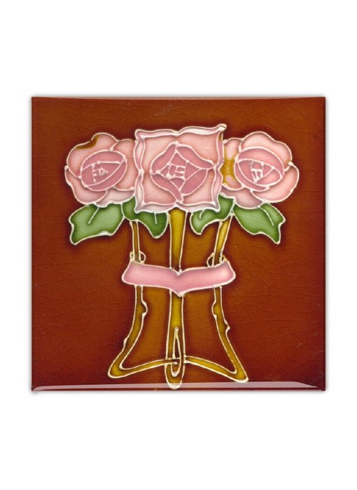 Aimant pour réfrigérateur, carreau Art Nouveau, rose "Tube lined" en marron