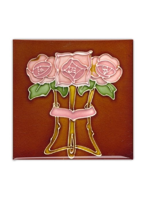 Fridge magnet, Art Nouveau Tile, 'Tube lined' Rose in Brown