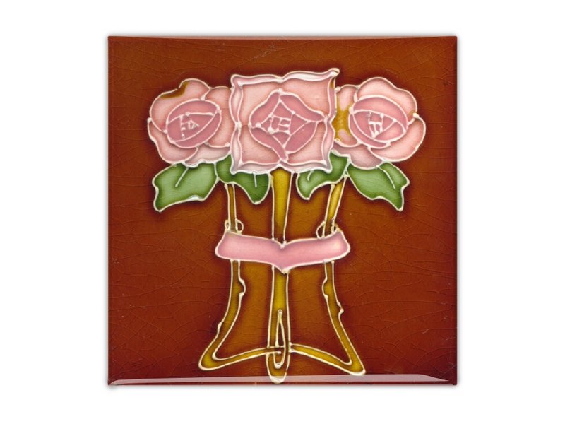 Aimant pour réfrigérateur, carreau Art Nouveau, rose "Tube lined" en marron