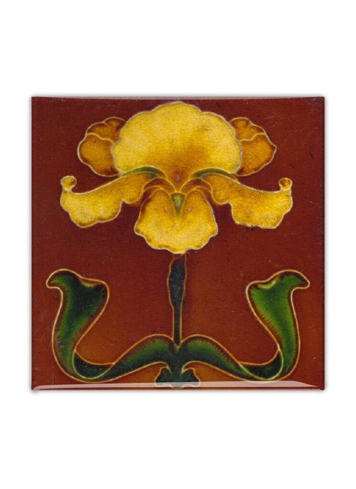 Imán de nevera, Azulejo Art Nouveau, Flor amarilla sobre marrón