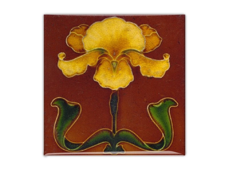 Fridge Magnet, Art Nouveau Tile, Yellow Flower on Brown