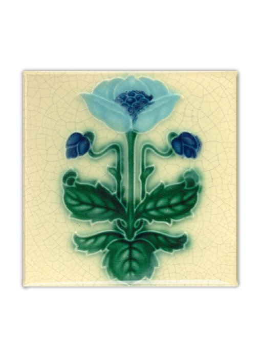 Koelkastmagneet, Art Nouveau Tegel, Blauw Bloem, majolica