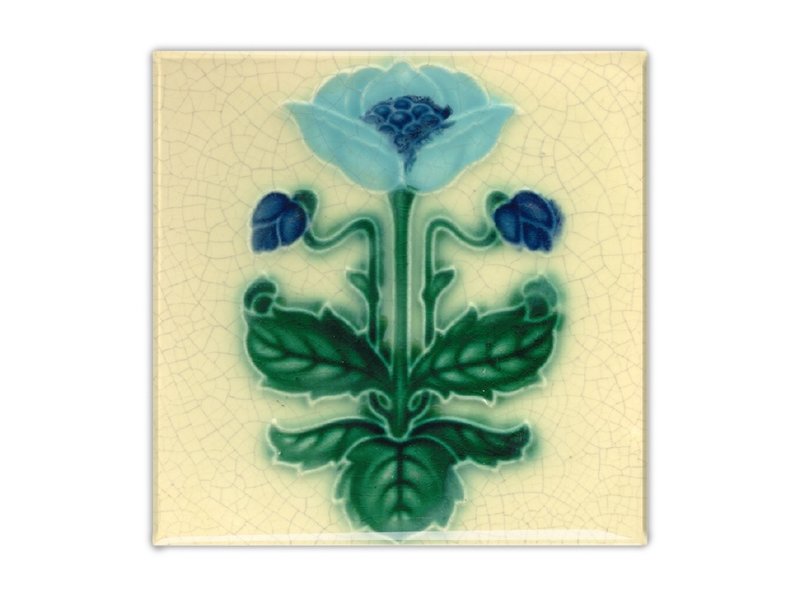 Koelkastmagneet, Art Nouveau Tegel, Blauw Bloem, majolica