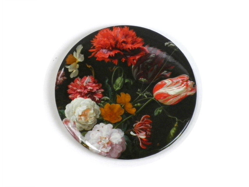 Miroir de poche grand, Ø 80 mm, nature morte aux fleurs, De Heem
