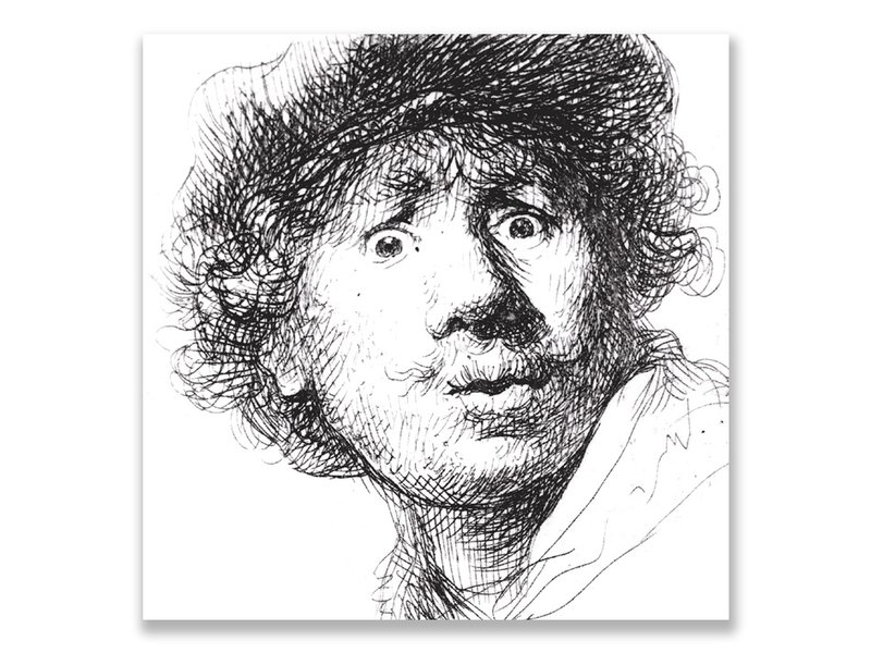 Postal, Autorretrato con mirada sorprendida, Rembrandt