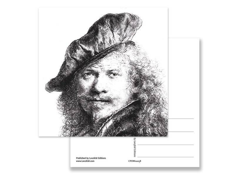 Postal, Autorretrato con boina, Rembrandt