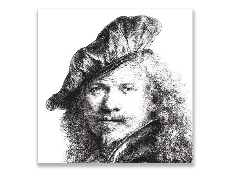 Postal, Autorretrato con boina, Rembrandt