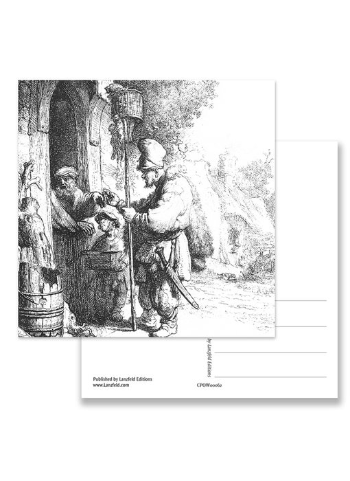 Carte postale, le vendeur de poison de rat, Rembrandt, gravure 1632