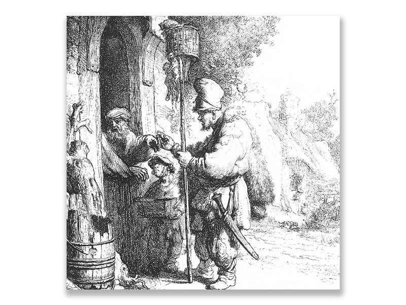 Postal, el vendedor de veneno de rata, Rembrandt, grabado 1632