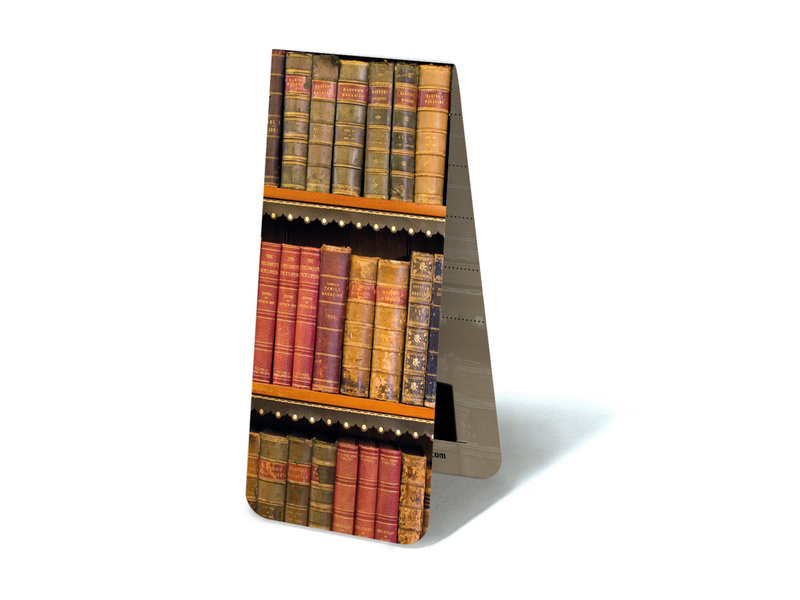 Magnetisches Lesezeichen, alte Bücher auf einem Regal