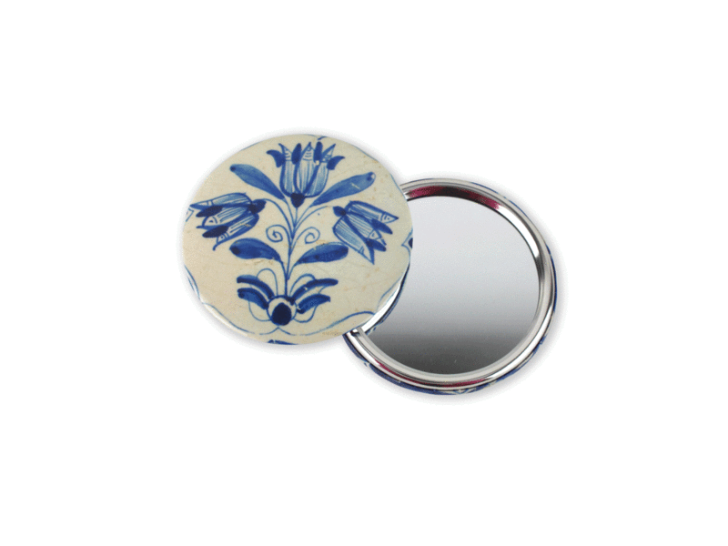 Miroir de poche, grand, Ø 80 mm, trois tulipes bleu Delft