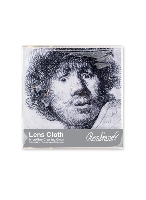 Lens cloth, 15 x 15 cm, Self-portrait with astonished look, Rembrandt