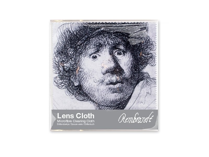 Lens cloth, 15 x 15 cm, Self-portrait with astonished look, Rembrandt