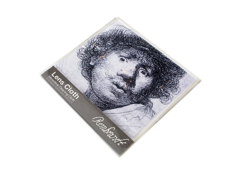 Lens cloth, 15 x 15 cm, Self-portrait with astonished look, Rembrandt