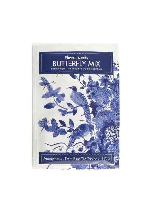 Postcard with Butterfly mix seeds, Delft blue birds