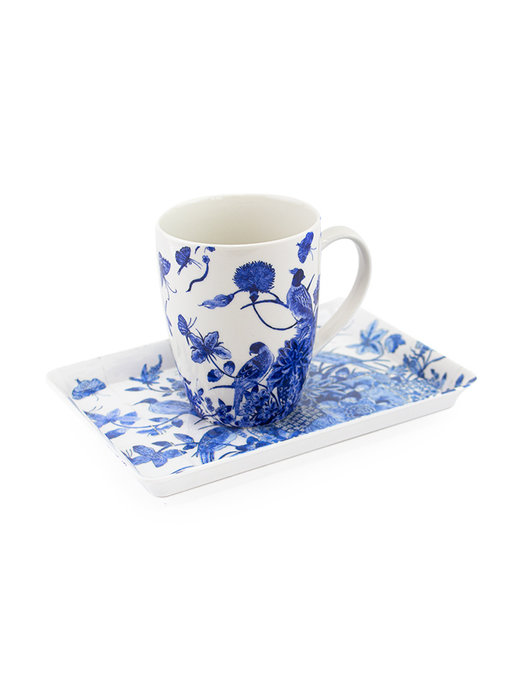 Ensemble: tasse et plateau, oiseaux bleus de Delft, Rijksmuseum