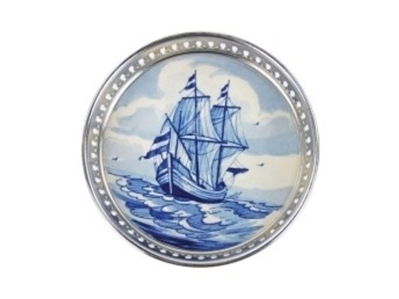 Dessous de bouteille bleu de Delft, navire -Galeone