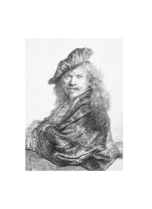 Cahier d'artiste, autoportrait s'appuyant sur un rebord de pierre, Rembrandt