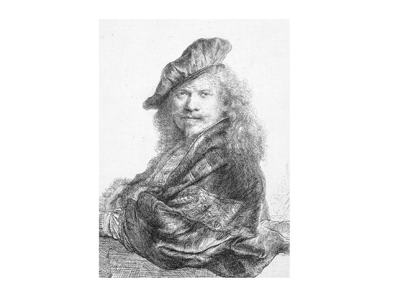 Cuaderno de dibujo de tapa blanda, autorretrato apoyado en un alféizar de piedra, Rembrandt