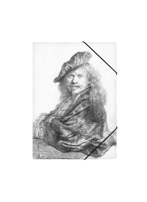 Chemise à dossier en papier, autoportrait s'appuyant sur un rebord de pierre, Rembrandt