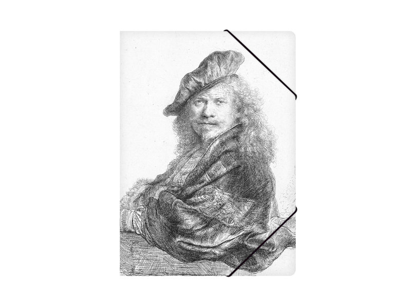 Chemise à dossier en papier, autoportrait s'appuyant sur un rebord de pierre, Rembrandt