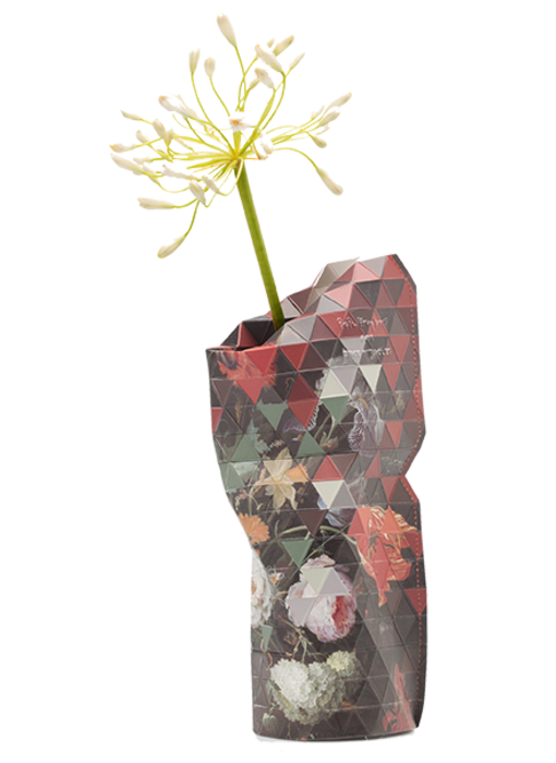 Papiervase, Stillleben mit Blumen und einer Uhr, A. Mignon