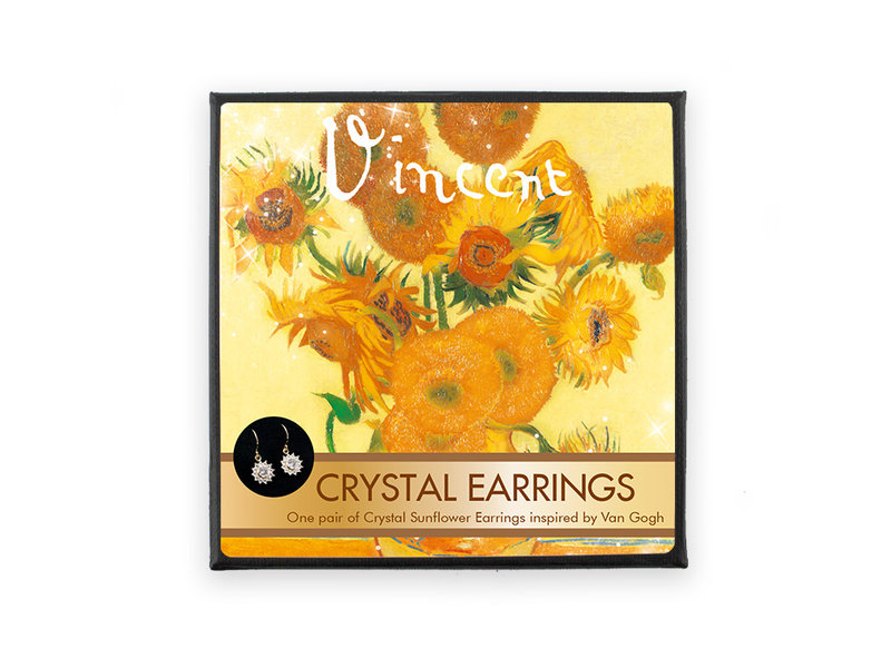 Gold plated earrings with glittering crystal stones, Van Gogh, Sunflowers